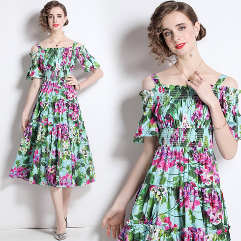 Runway Fashion Alluring Green Bellflower Print, Slash Neck, Elastic Waist, Ruffled Cocktail, Party Midi Dress